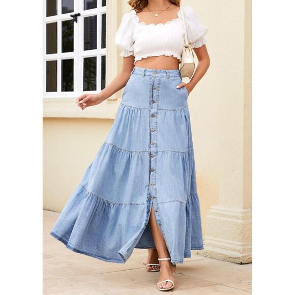 Women Denim Maxi Skirt High Waist A Line Ruffle Tiered Patchwork Light Blue - Picture 3 of 7